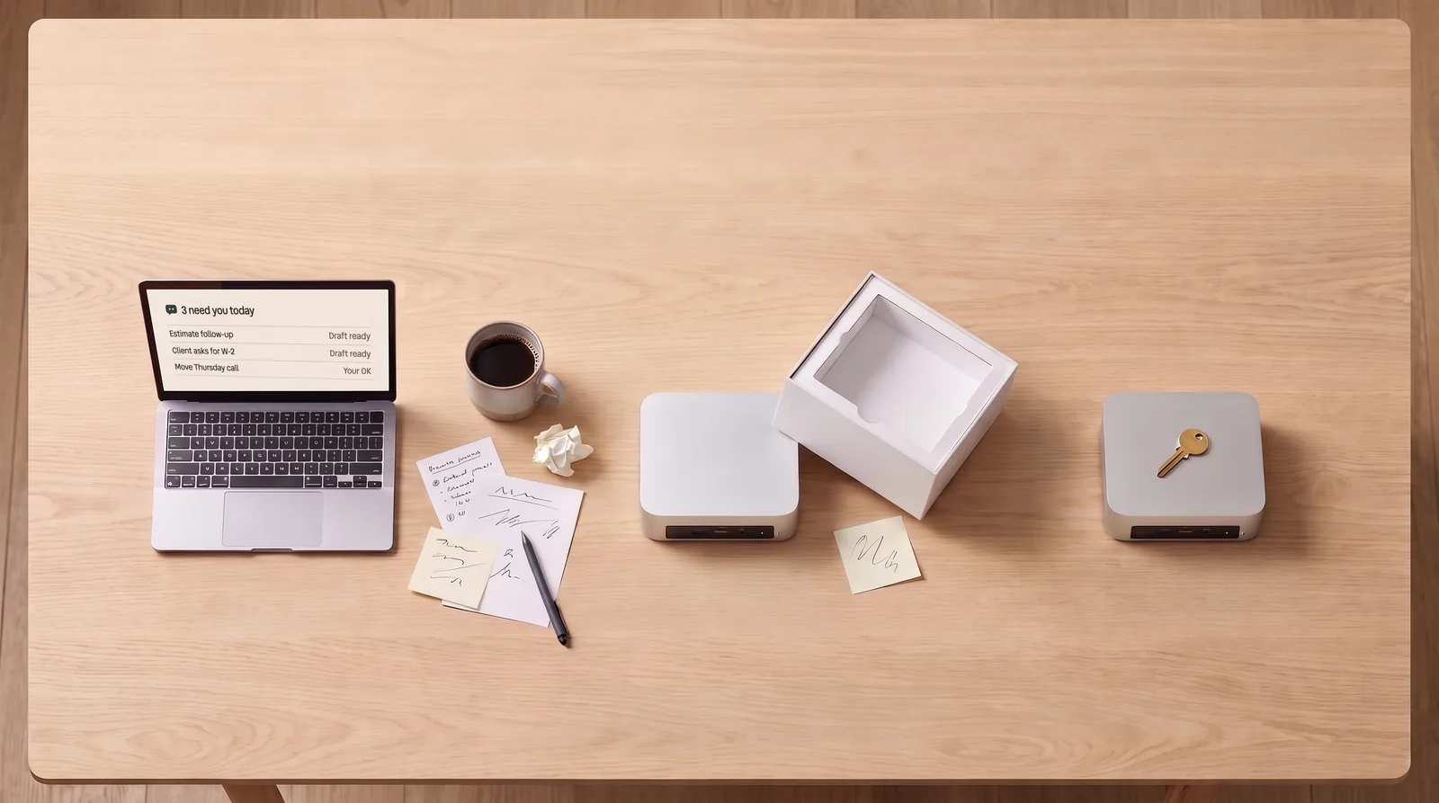 An office desk seen from above. The open laptop shows an assistant screen: 3 need you today, with drafts ready for an estimate follow-up and a client asking for a W-2, and a Thursday call waiting for your OK. Next to it sit a mini computer by its delivery box and a second mini computer with a brass key on top.